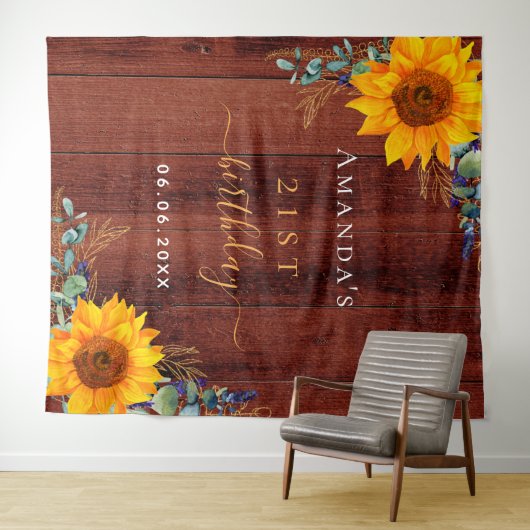 誕生日ひまわり素朴な褐色木ユーカリ タペストリー (インサイチュ(横))