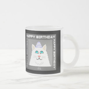 誕生日ふわふわ白猫すりガラス製マグカップ フロストグラスマグカップ