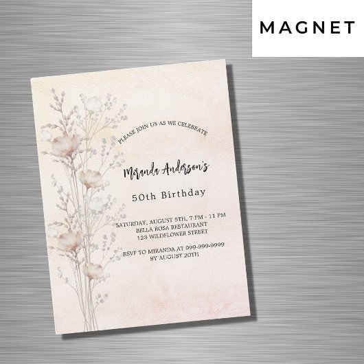 誕生日ほこりっぽいクリームワイルドフラワーピンク贅沢 マグネット招待状