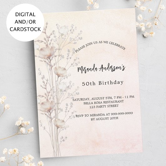 誕生日ほこりっぽいクリームワイルドフラワーピンク 招待状