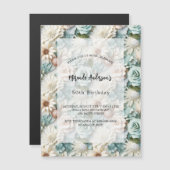 誕生日ほこりっぽい緑の白フローラ贅沢 マグネット招待状 (正面/裏面)