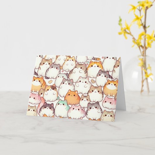 誕生日ぽっちゃりした漫画キャットコレクションとハート カード (黄色い花)