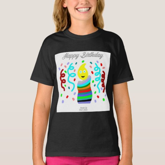 誕生日ろうそくのあいさつ 女の子の黒いTシャツ Tシャツ (正面)