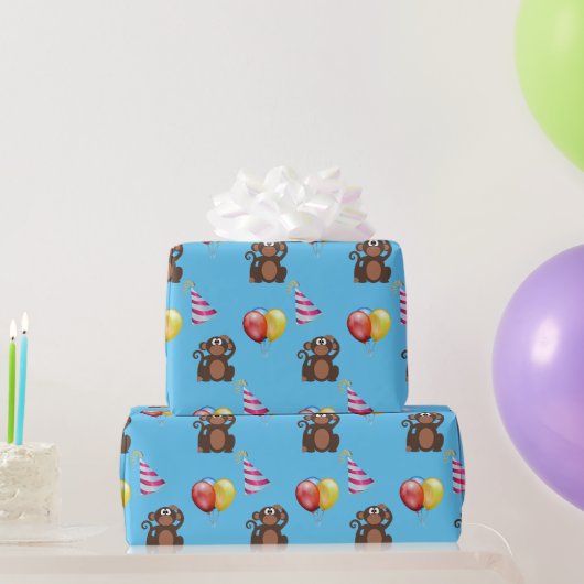 誕生日を祝うサルと風船 キッズ ラッピングペーパー (パーティーギフト)