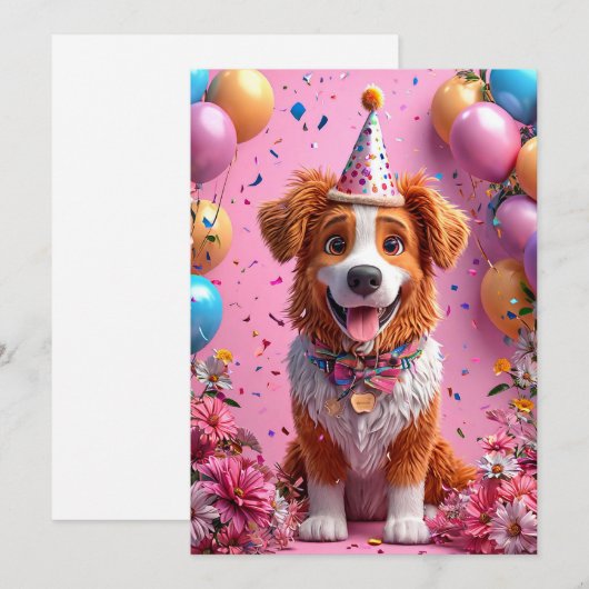 誕生日を祝う幸せな犬 招待状 (正面/裏面)