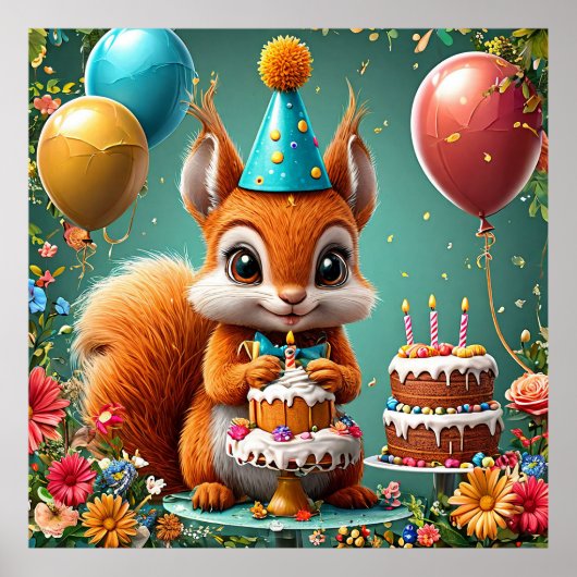 誕生日を祝う愛らしいリス ポスター (正面)