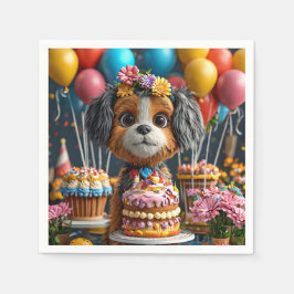 誕生日を祝う愛らしい子犬 スタンダードカクテルナプキン