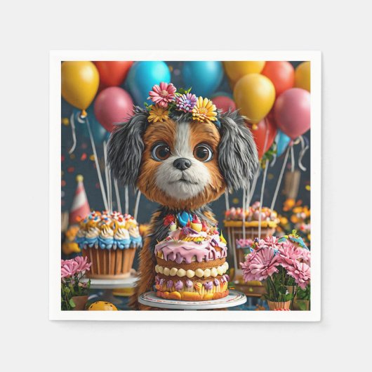 誕生日を祝う愛らしい子犬 スタンダードカクテルナプキン (正面)