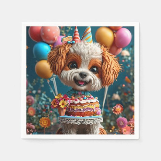 誕生日を祝う愛らしい子犬 スタンダードカクテルナプキン (正面)