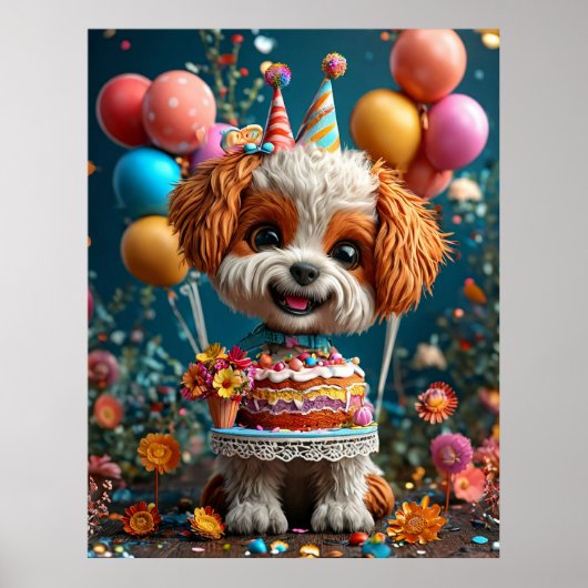 誕生日を祝う愛らしい子犬 ポスター (正面)