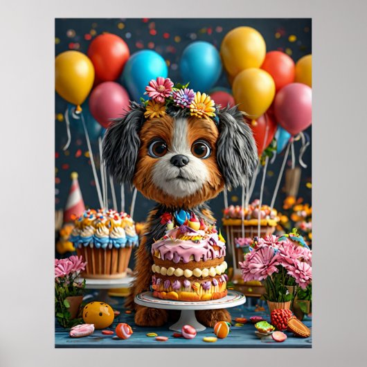 誕生日を祝う愛らしい子犬 ポスター (正面)