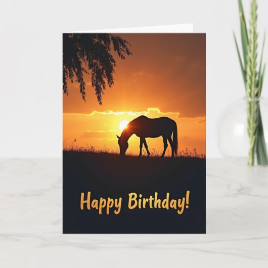 誕生日を祝う馬と夕焼けのカード カード (正面)
