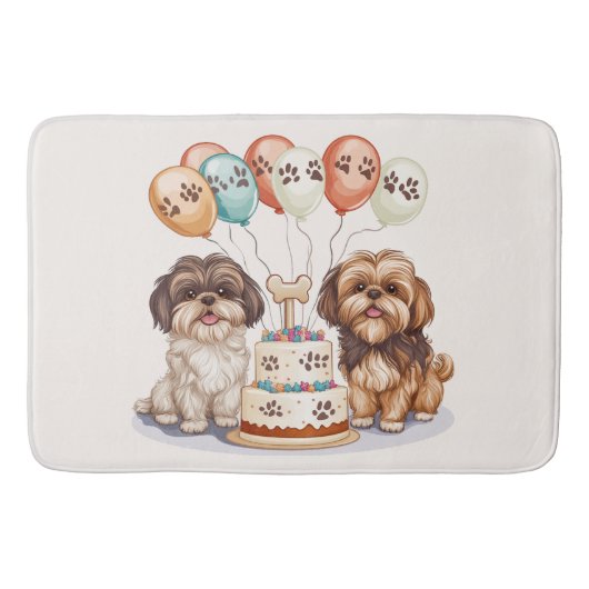誕生日を迎えたシーズー犬のケーキ バスマット (正面)