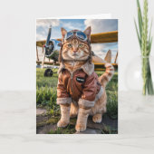 誕生日を迎えたネコのパイロット写真と飛行機の面白い航空デザイン カード (正面)