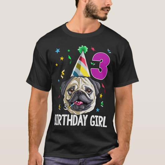 誕生日を迎えたパグの女の子 3 Tシャツ (正面)