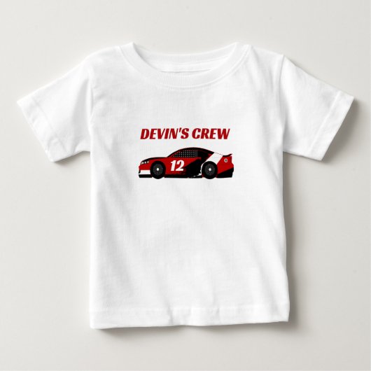 誕生日を迎えた兄弟の赤いレーシングカークルーのパーティー ベビーTシャツ (正面)