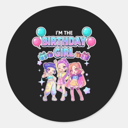 誕生日を迎えた女の子のかわいいちびキャラ K-POP 楽しい子供たち ラウンドシール (正面)