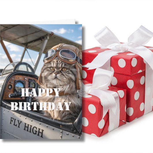 誕生日を迎えるネコのパイロット写真と飛行機の面白い航空グッズ カード