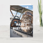 誕生日を迎えるネコのパイロット写真と飛行機の面白い航空グッズ カード (正面)