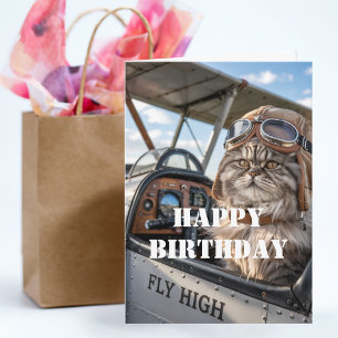 誕生日を迎えるネコのパイロット写真 & 飛行機の面白い航空グッズ カード