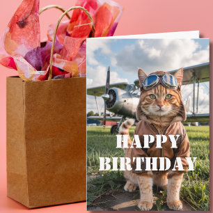 誕生日を迎える猫のパイロット写真と飛行機の面白い航空デザイン カード