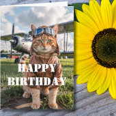 誕生日を迎える猫のパイロット写真と飛行機の面白い航空デザイン カード
