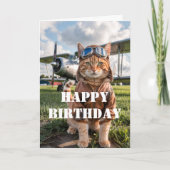 誕生日を迎える猫のパイロット写真と飛行機の面白い航空デザイン カード (正面)