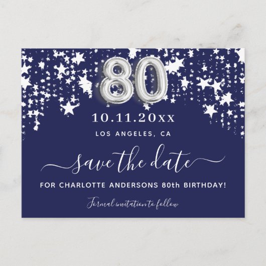 誕生日を除く80th誕生日パーティー海軍の青い星 案内ポストカード (正面)
