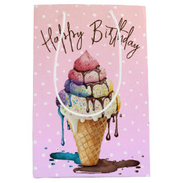 誕生日アイスクリームコーンオン水玉模様 ミディアムペーパーバッグ