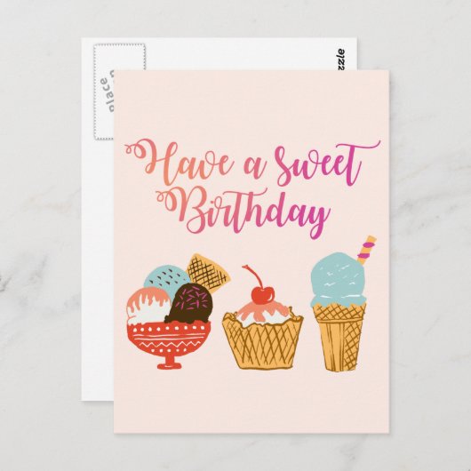 誕生日アイスクリーム&サンデガーリーイラストレーション ポストカード (正面/裏面)