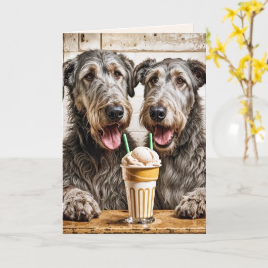 誕生日アイリッシュウルフハウンズとミルクシェイク カード (黄色い花)