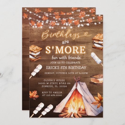 誕生日アズモーレスおもしろいキャンプファイアオータムパーティー 招待状 (正面/裏面)
