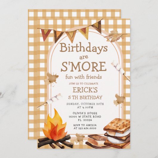 誕生日アズモーレスおもしろいキャンプファイアギンガム 招待状 (正面/裏面)