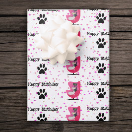 誕生日アトミック猫ピンクの椅子の手がドットをプリント ラッピングペーパーシート