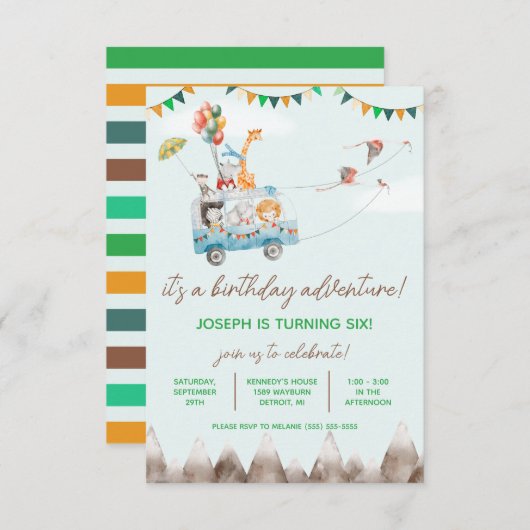 誕生日アドベンチャー飛んでいる、動物、誕生日 招待状 (正面/裏面)