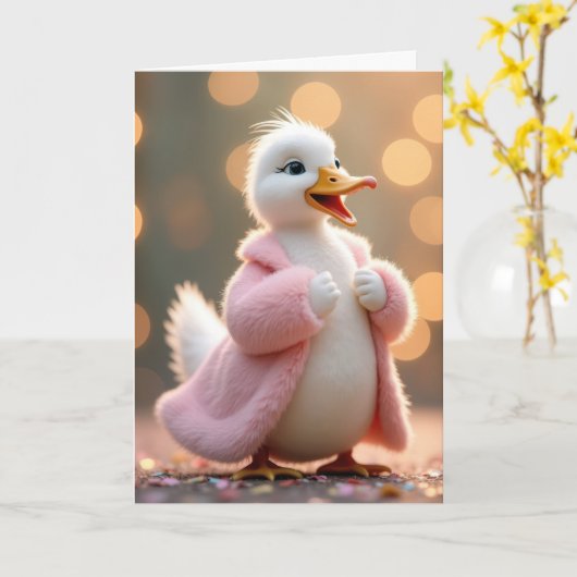 誕生日アヒルがピンクの毛皮のコートを着る カード (黄色い花)