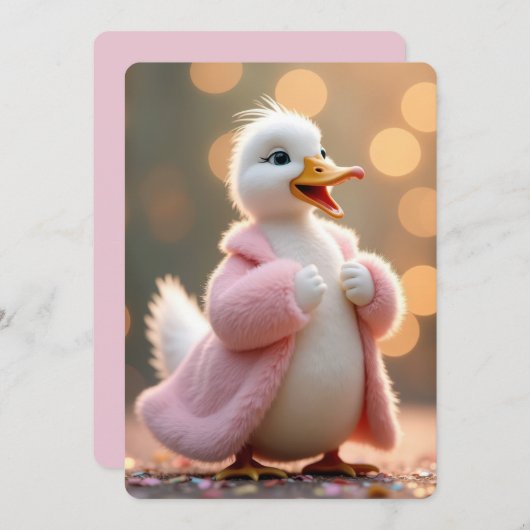 誕生日アヒルがピンクの毛皮のコートを着る 招待状 (正面/裏面)