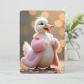 誕生日アヒルがピンクの毛皮のコートを着る 招待状 (スタンド正面)