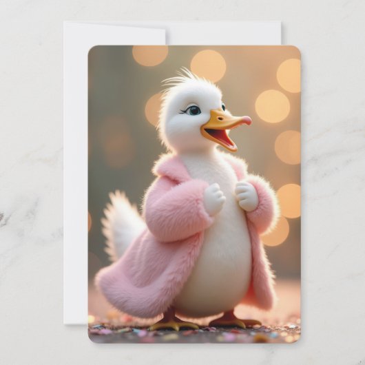 誕生日アヒルがピンクの毛皮のコートを着る 招待状 (正面)