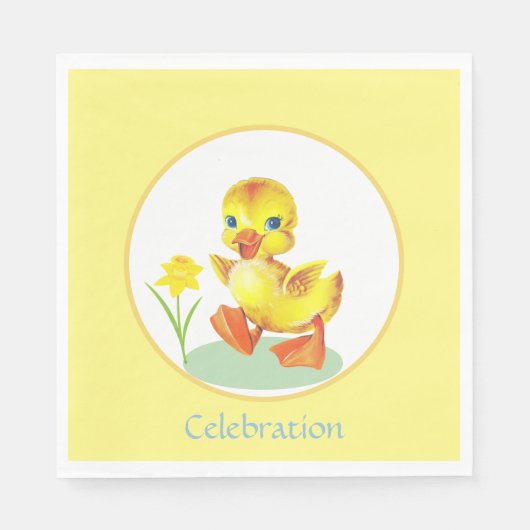 誕生日アヒルと花オン黄色と白 スタンダードランチョンナプキン (正面)