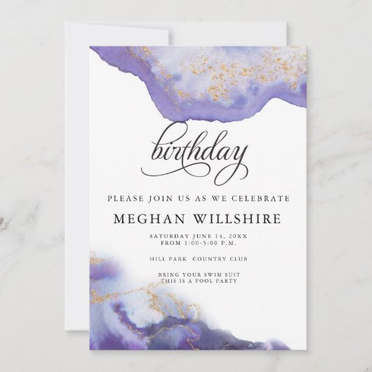 誕生日アメジストウォーターカラーゲード 招待状 (正面)