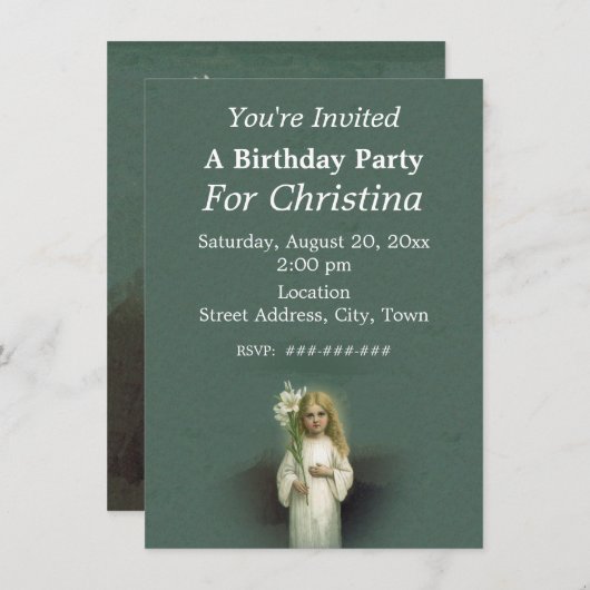 誕生日アンゲリックビクトリアンブロンドガールホワイトリリー 招待状 (正面/裏面)