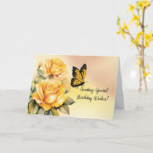 誕生日イエローローズウィズ(昆虫)オオカバマダラ、モナークバタフライ カード (黄色い花)
