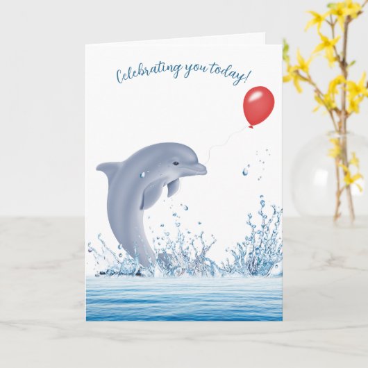 誕生日イルカ水気球 カード (黄色い花)