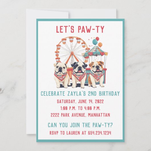 誕生日イングリッシュブルドッグアットアカーニバル 招待状 (正面)
