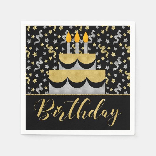 誕生日イン金ゴールドとシルバーオンブラック スタンダードカクテルナプキン (正面)