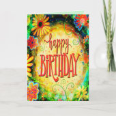 誕生日ウィッシュおもしろいお洒落黄フローラ カード (正面)