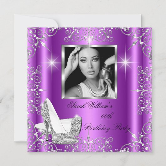 誕生日ウィメンズマゼンタシルバーヒール写真 招待状 (正面)