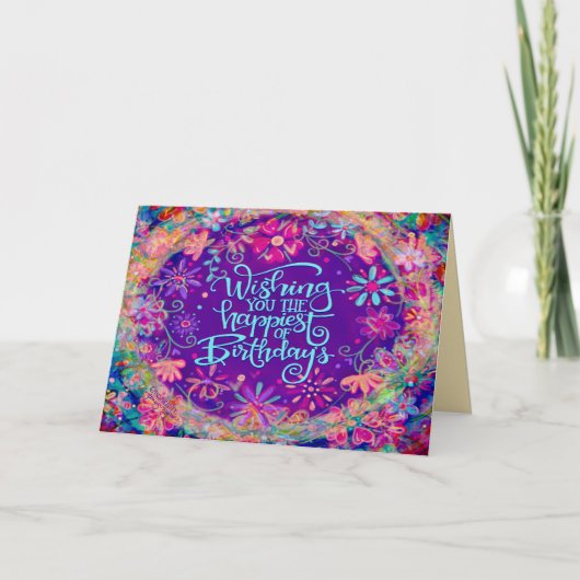 誕生日ウィーズかわいらしパープルハッピーフローラ カード (正面)