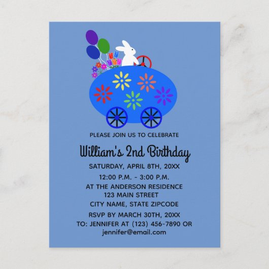 誕生日ウサギの卵の車 #2 招待状ポストカード (正面)
